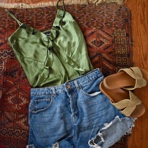 Olive Satin Ruffle Top